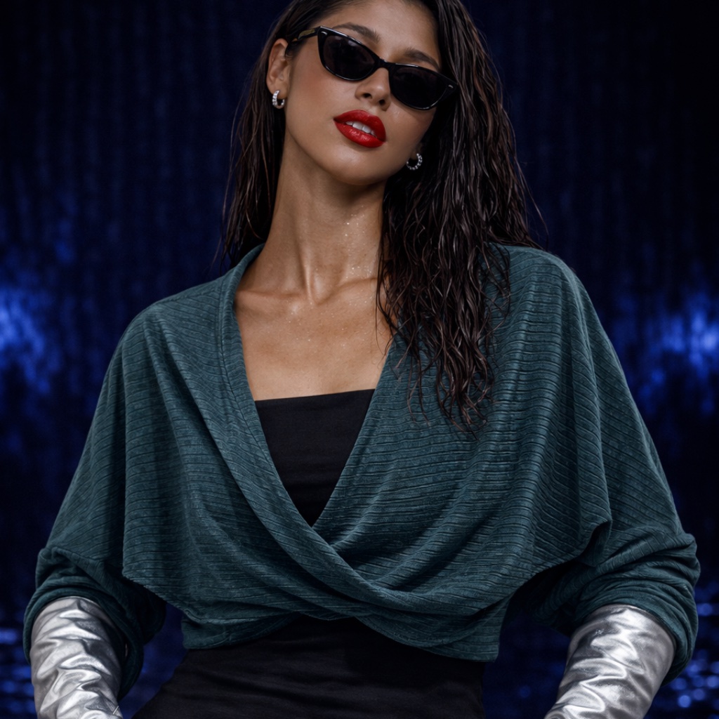 Velour Emerald Cropped Layered Top W/ Dolman Sleeve